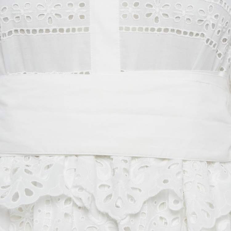 Pre Owned Elie Saab White Broderie Anglaise Cotton Tiered Maxi Dress M