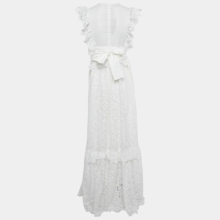 Pre Owned Elie Saab White Broderie Anglaise Cotton Tiered Maxi Dress M