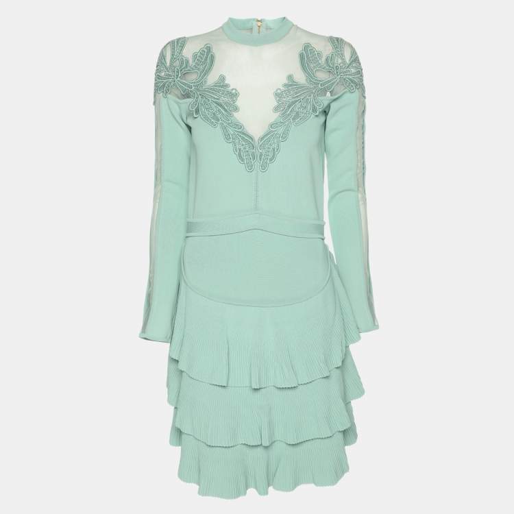 Pre Owned Elie Saab Mint Green Tulle Paneled Stretch Knit Appliquéd Mini Dress S