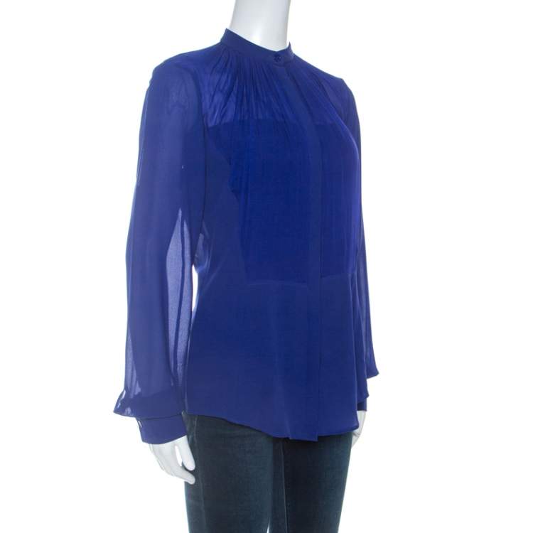 Pre Owned Elie Saab Blue Crepe Silk Ruched Detail Long Sleeve Shirt XS