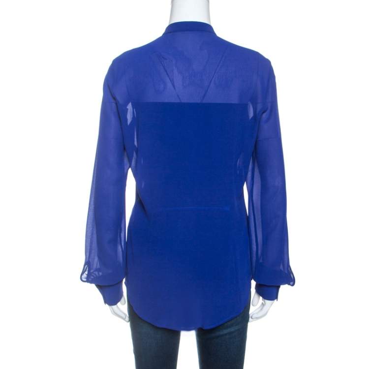 Pre Owned Elie Saab Blue Crepe Silk Ruched Detail Long Sleeve Shirt XS