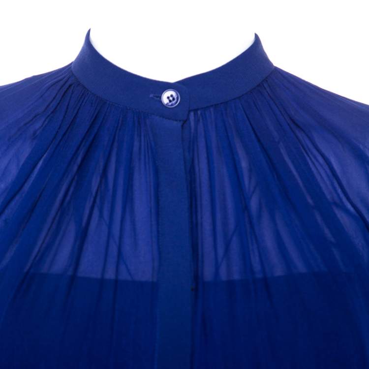 Pre Owned Elie Saab Blue Crepe Silk Ruched Detail Long Sleeve Shirt XS