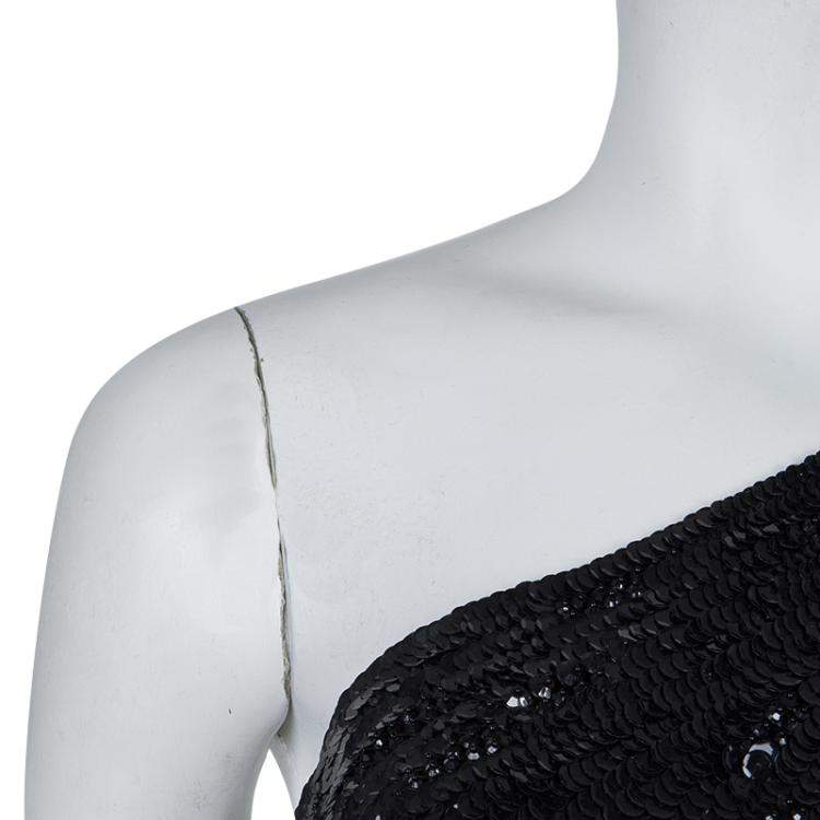 Pre Owned Elie Saab Black Sequin Embellished One Shoulder Top S