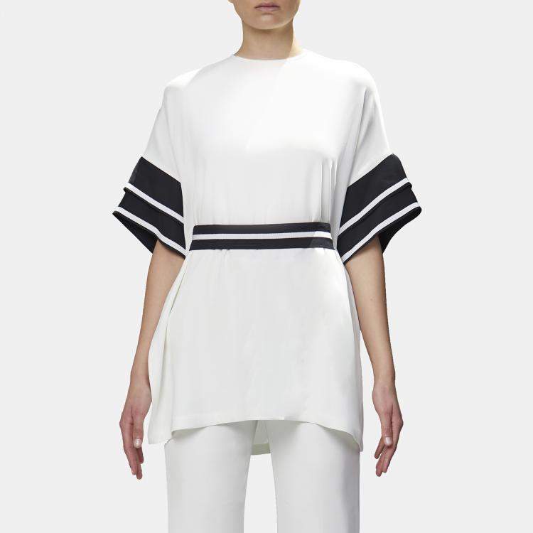 Pre Owned Elie Saab White & Black Crepe Belted Tunic M