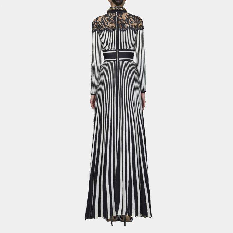 Pre Owned Elie Saab Black & White Knit And Lace Trim Full Sleeve Long Dress M