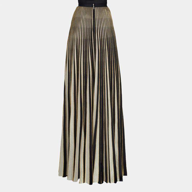 Pre Owned Elie Saab Black & Gold Pleated Knit Long Skirt M