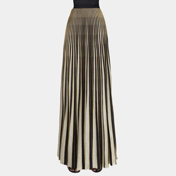 Pre Owned Elie Saab Black & Gold Pleated Knit Long Skirt M