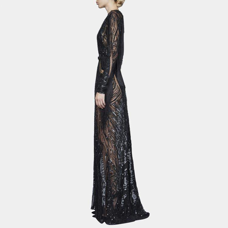 Pre Owned Elie Saab Dark Waves Embellished Fringe Details Long Sleeve Gown M