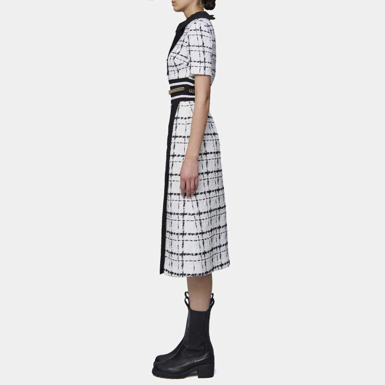 Pre Owned Elie Saab White & Black Tweed Bow Tie Neck Midi Dress S