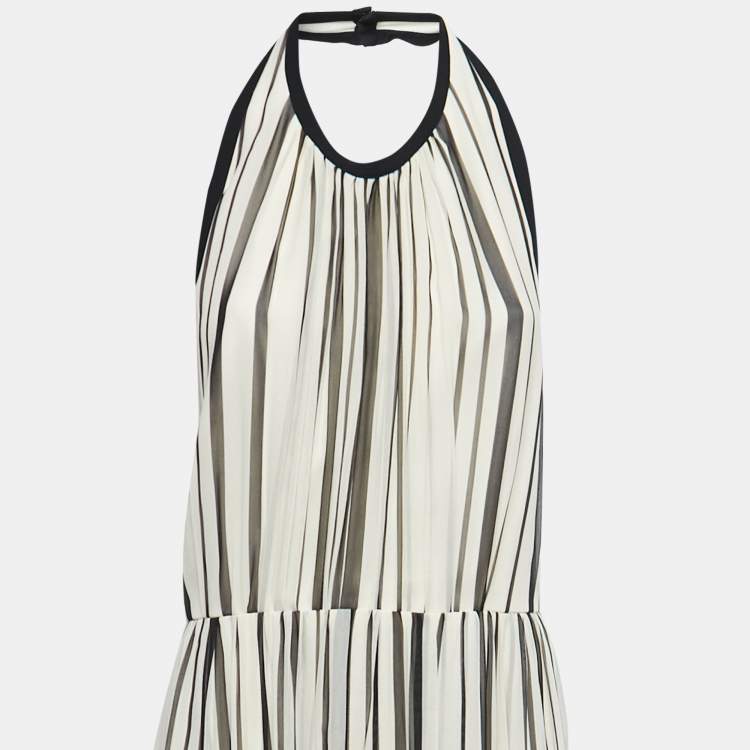 Pre Owned Elie Saab White Striped Floral Printed Chiffon Silk Open Back Maxi Dress XL