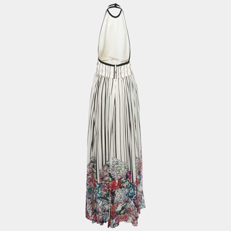Pre Owned Elie Saab White Striped Floral Printed Chiffon Silk Open Back Maxi Dress XL