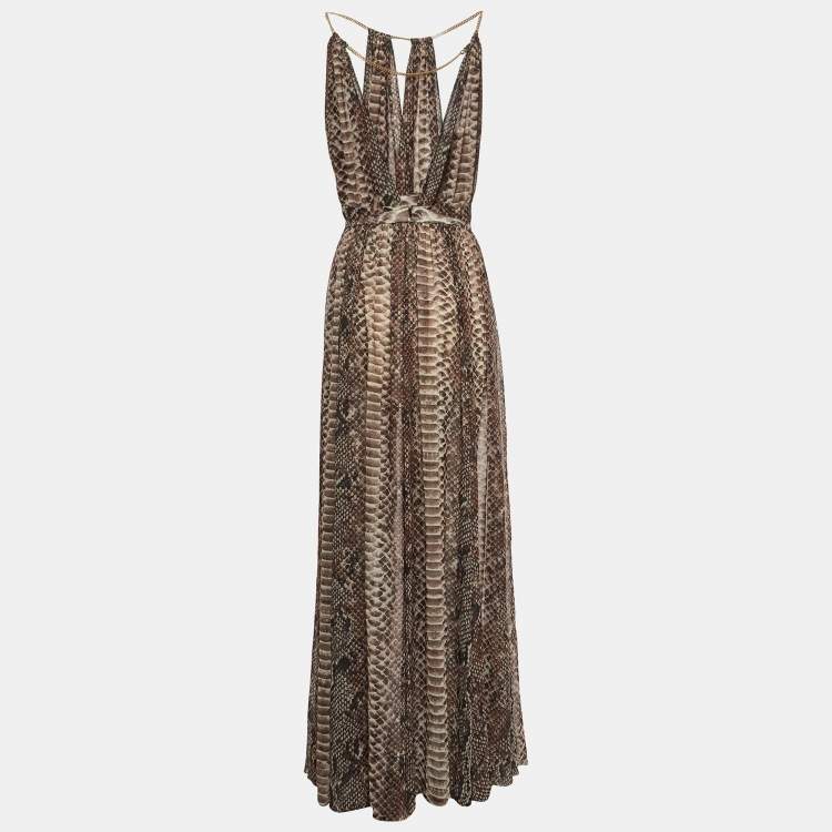 Pre Owned Elie Saab Brown Python Print Chiffon Halter Neck Gown S