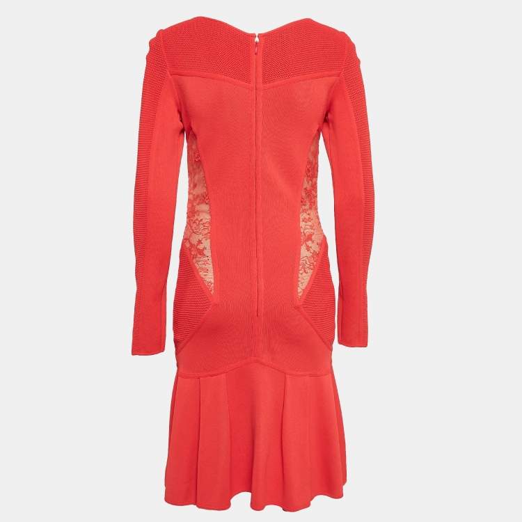 Pre Owned Elie Saab Red Lace Trim Knit Flared Midi Dress S