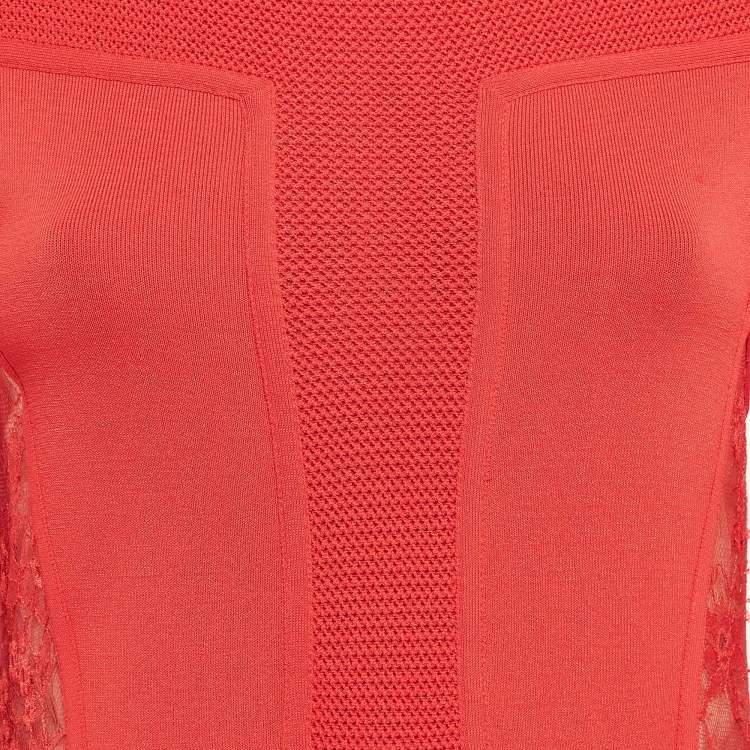 Pre Owned Elie Saab Red Lace Trim Knit Flared Midi Dress S