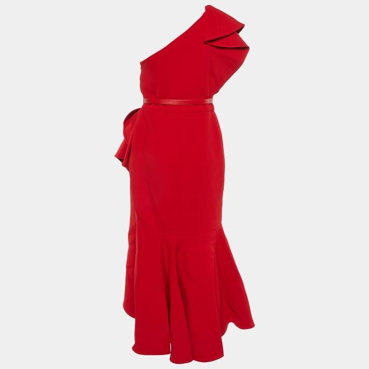 Elie Saab Red Crepe One shoulder Ruffled Midi Dress S TLC