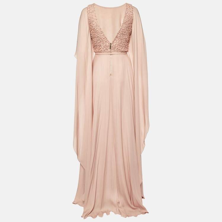 Pre Owned Elie Saab Pink Silk Embellished Cape Sleeve Gown XS 