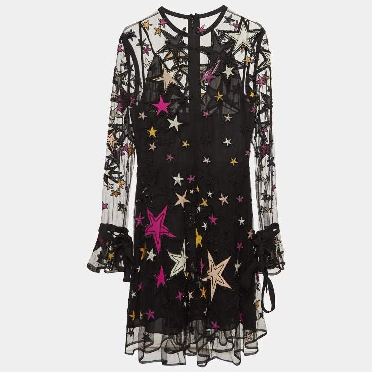 Pre Owned Elie Saab Black Star Embellished Full Sleeve Short Dress S