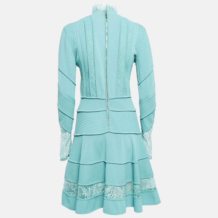 Pre Owned Elie Saab Seamfoam Green Knit Lace Trim Short Dress S