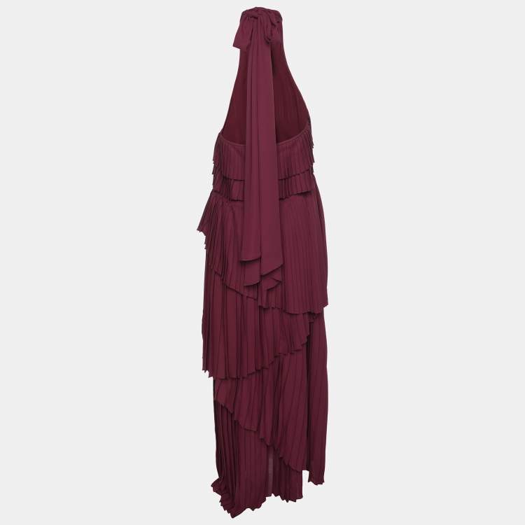 Pre Owned Elie Saab Burgundy Polyester Halterneck Pleated Long Dress M