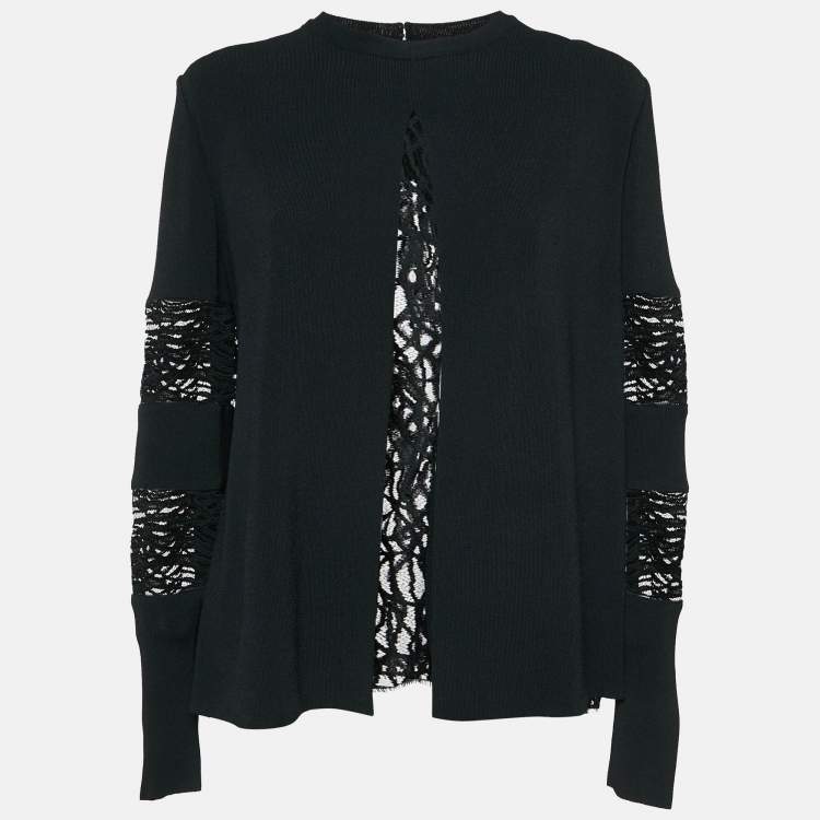 Pre Owned Elie Saab Black Knit & Lace Paneled Long Sleeve Top M