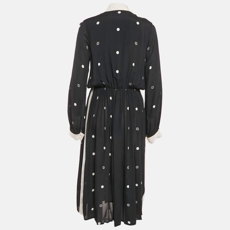 Pre Owned Elie Saab Black Polka Dots Print Crepe Midi Dress S