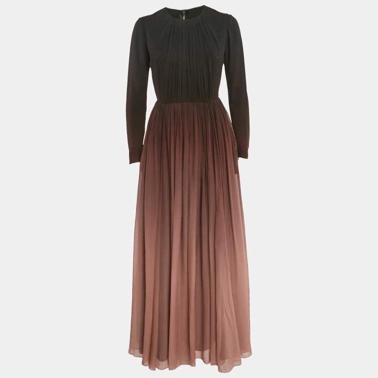 Pre Owned Elie Saab Brown Ombre Silk Pleated Maxi Dress S