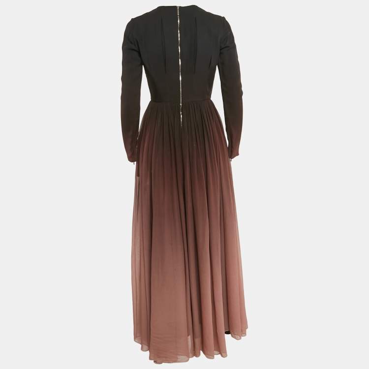 Pre Owned Elie Saab Brown Ombre Silk Pleated Maxi Dress S