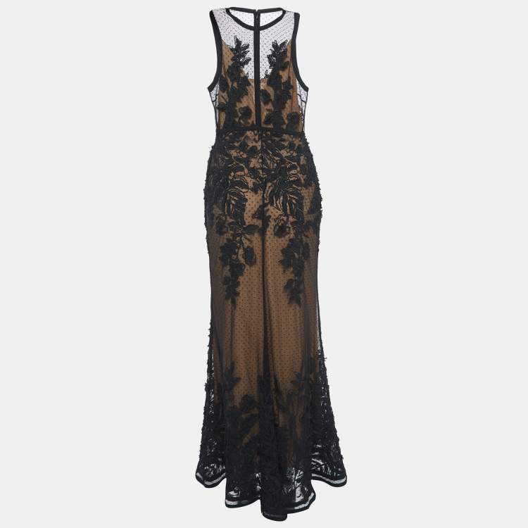 Pre Owned Elie Saab Black Embroidered Tulle Sleeveless Gown S