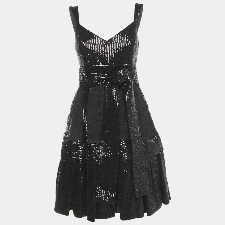 Pre Owned Elie Saab Black Sequin Embroidered Silk Blend Tiered Midi Dress M