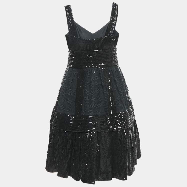 Pre Owned Elie Saab Black Sequin Embroidered Silk Blend Tiered Midi Dress M