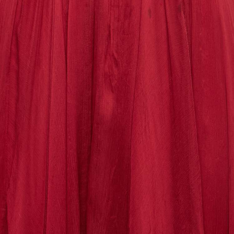 Pre Owned Elie Saab Burgundy Silk Chiffon Flared Slit Detail Maxi Skirt L