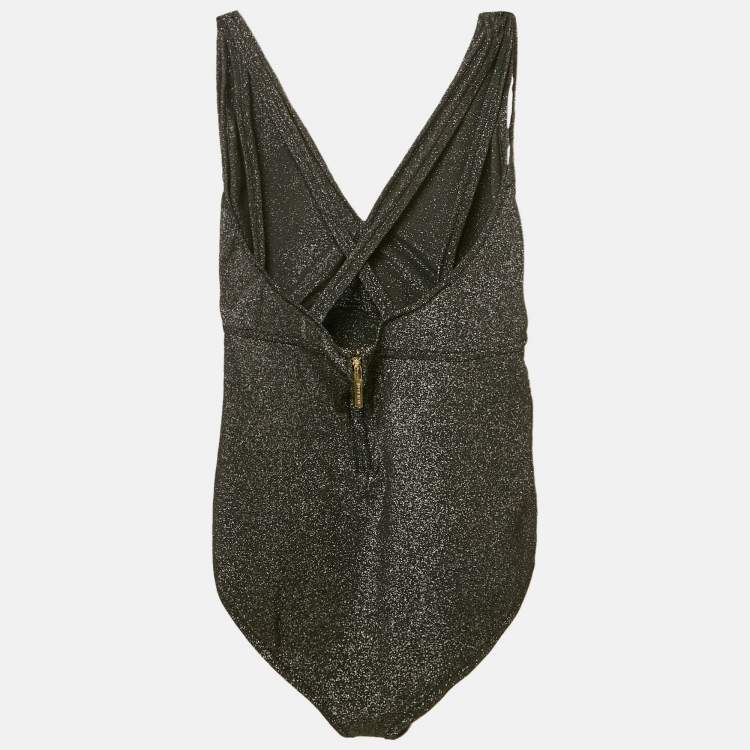 Pre Owned Elie Saab Black Lurex Jersey and Tulle Trim Bodysuit S