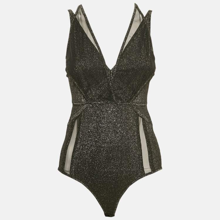 Pre Owned Elie Saab Black Lurex Jersey and Tulle Trim Bodysuit S