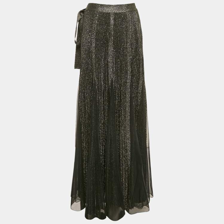 Pre Owned Elie Saab Black Lurex Jersey and Tulle Plisse Maxi Skirt M
