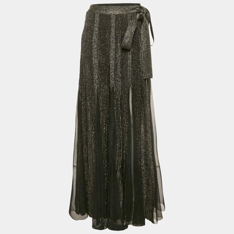 Pre Owned Elie Saab Black Lurex Jersey and Tulle Plisse Maxi Skirt M