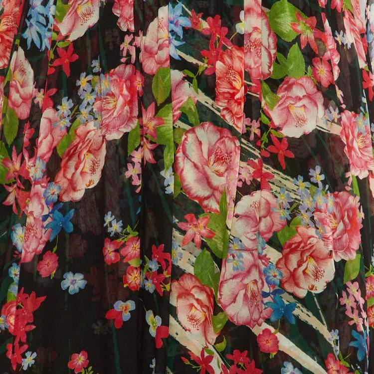 Pre Owned Elie Saab Black Floral Print Silk Chiffon Flared Maxi Dress S