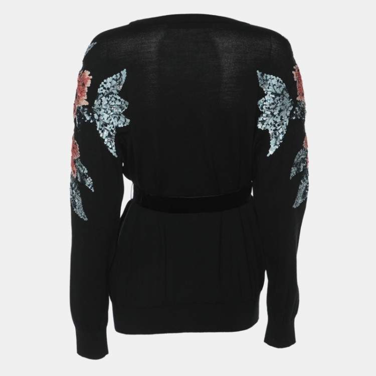 Pre Owned Elie Saab Black Wool Knot Floral Embellished Sweater XS