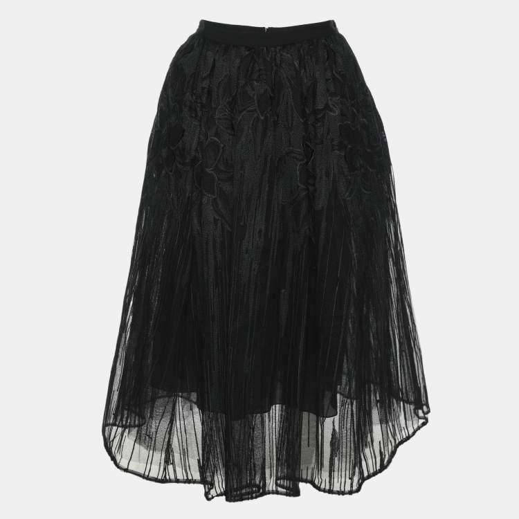 Pre Owned Elie Saab Black Floral Tulle Midi Skirt XS