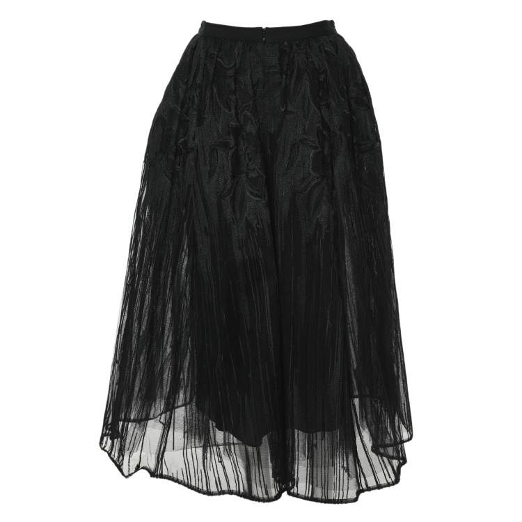 Pre Owned Elie Saab Black Floral Tulle Midi Skirt XS