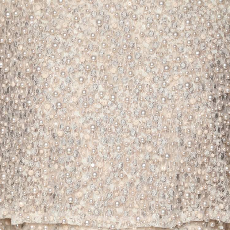 Pre Owned Elie Saab Light Beige Crepe and Lace Pearl Embellished Jumpsuit S