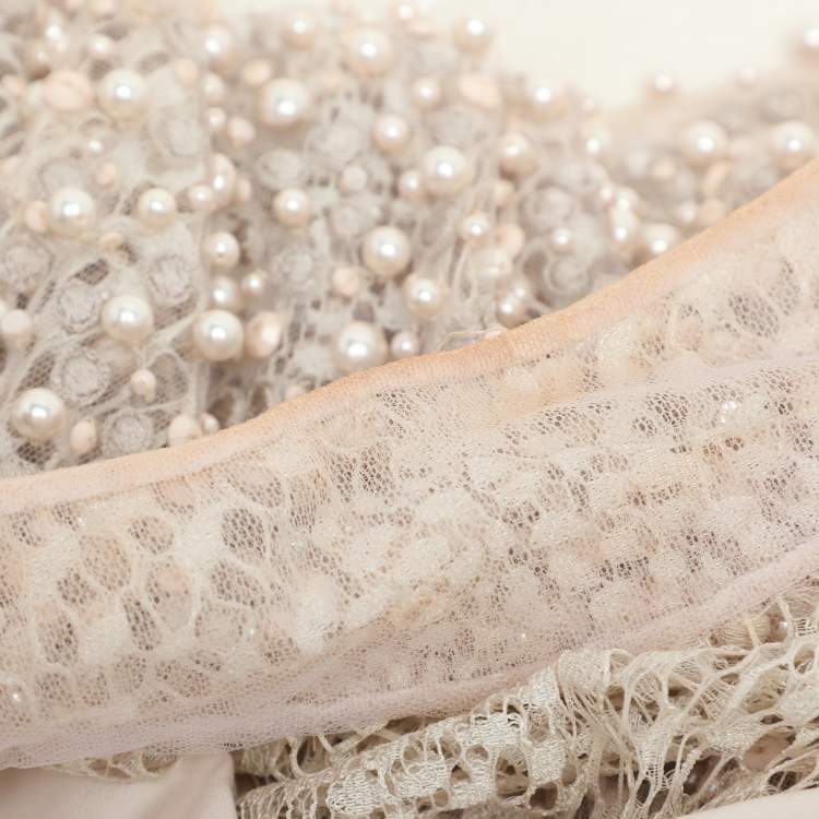 Pre Owned Elie Saab Light Beige Crepe and Lace Pearl Embellished Jumpsuit S
