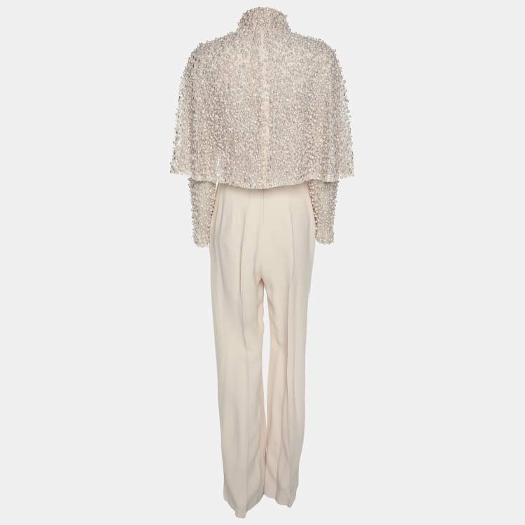 Pre Owned Elie Saab Light Beige Crepe and Lace Pearl Embellished Jumpsuit S
