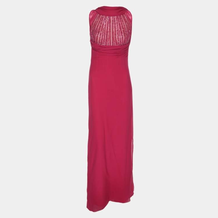 Pre Owned Elie Saab Pink Crepe Pleated Halter Neck Maxi Dress S