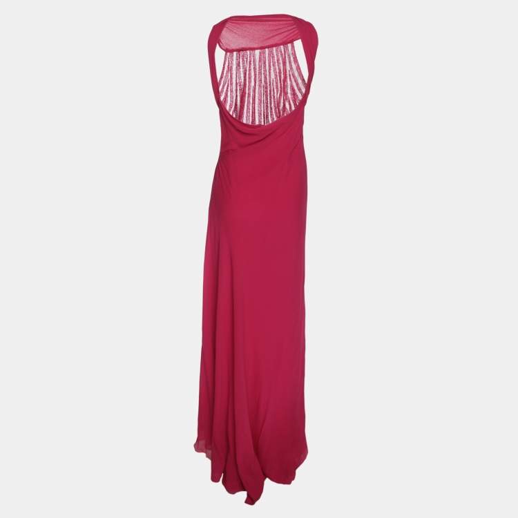 Pre Owned Elie Saab Pink Crepe Pleated Halter Neck Maxi Dress S
