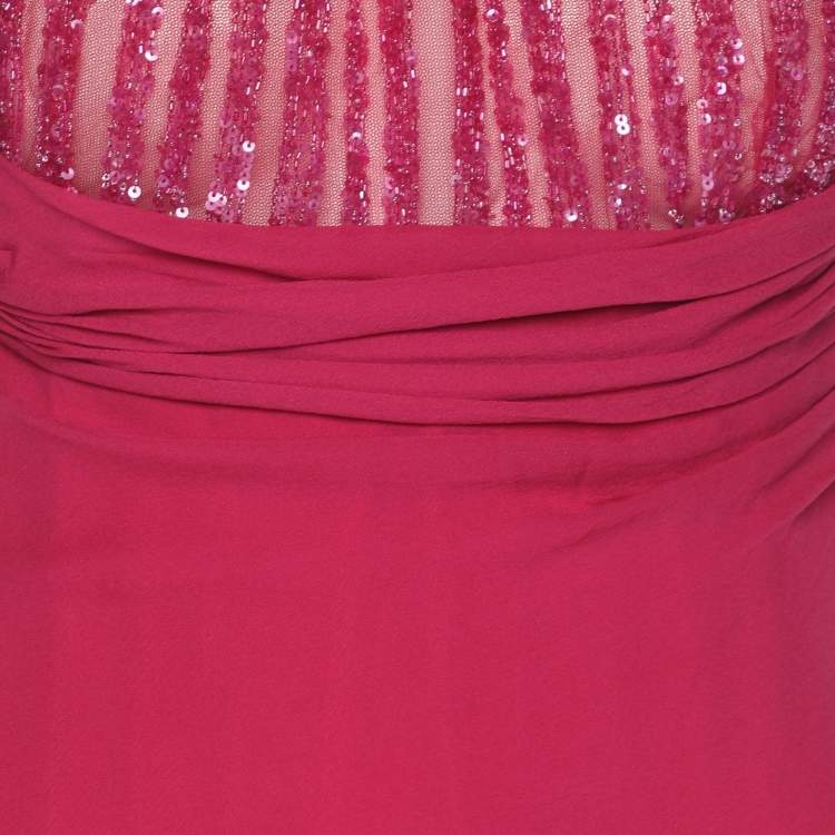 Pre Owned Elie Saab Pink Crepe Pleated Halter Neck Maxi Dress S