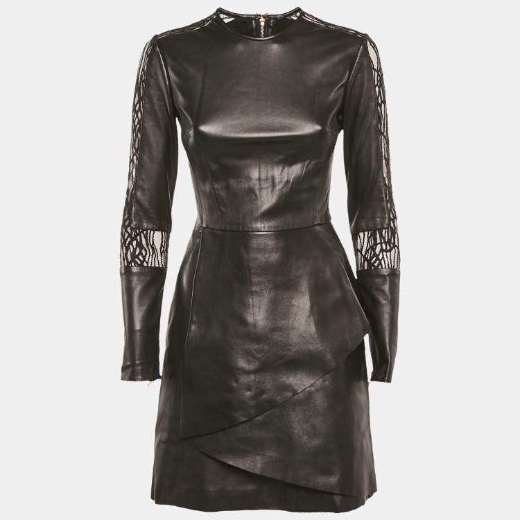 Pre Owned Elie Saab Black Lace Trim Leather Mini Dress XS