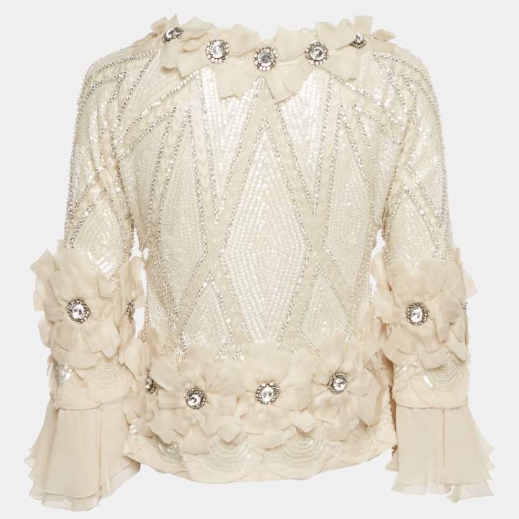 Pre Owned Elie Saab Cream Embellished Silk Ruffled Open Front Jacket S