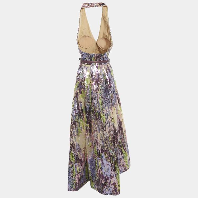 Pre Owned Elie Saab Purple Sequin Halter Neck Belted Gown M 