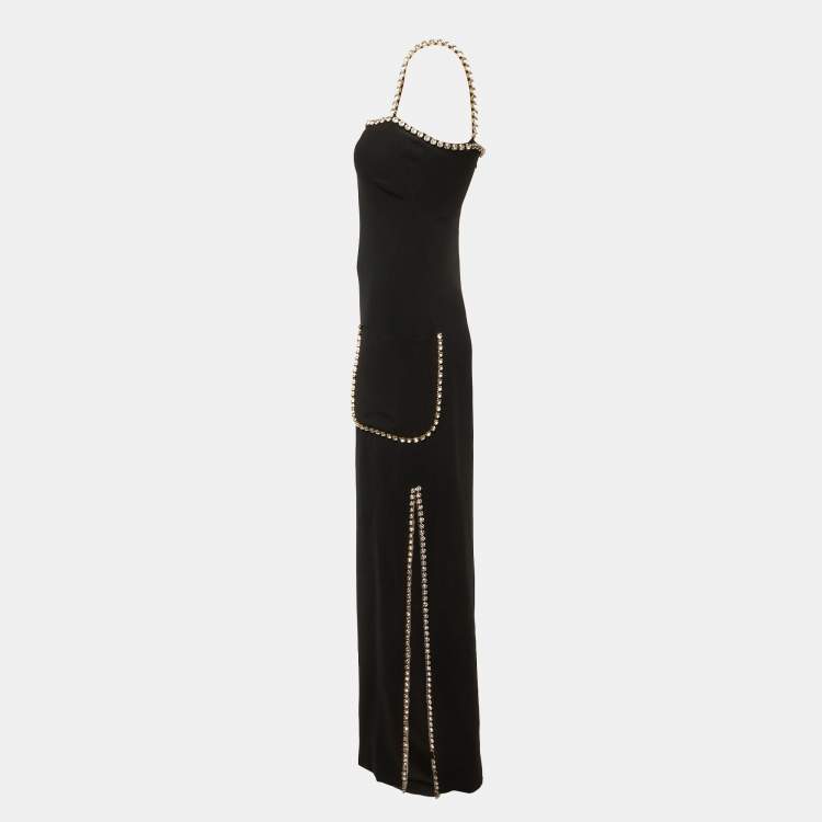 Pre Owned Elie Saab Black Cady Crystal Embellished Maxi Dress S