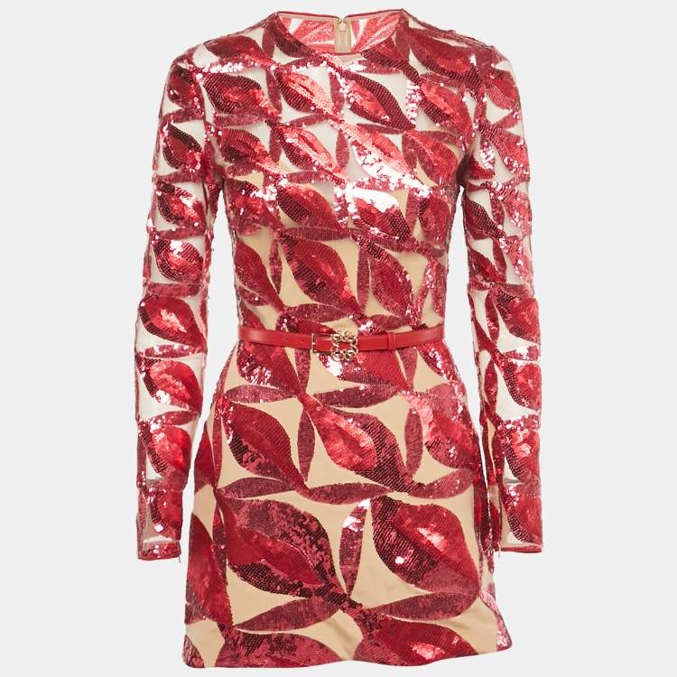 Pre Owned Elie Saab Red Sequin Embellished Tulle Diana Mini Dress XS